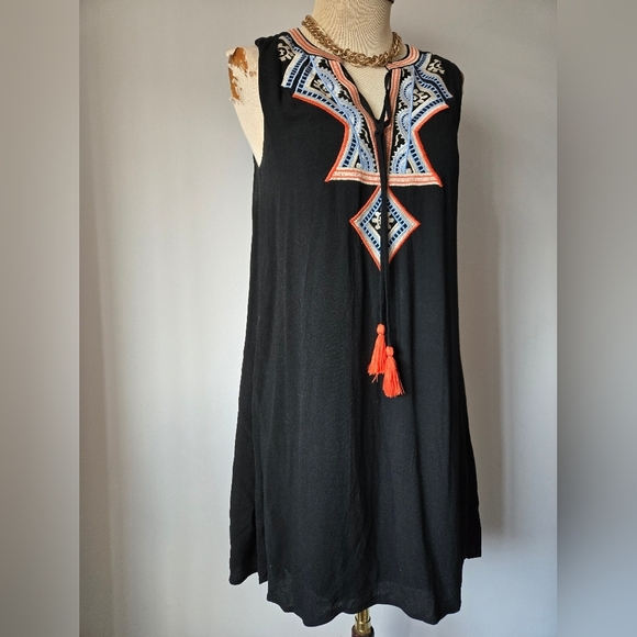 THML Bohemian Black Sleeveless Dress with Embroidered V Neck. Size Small - Picture 2 of 9